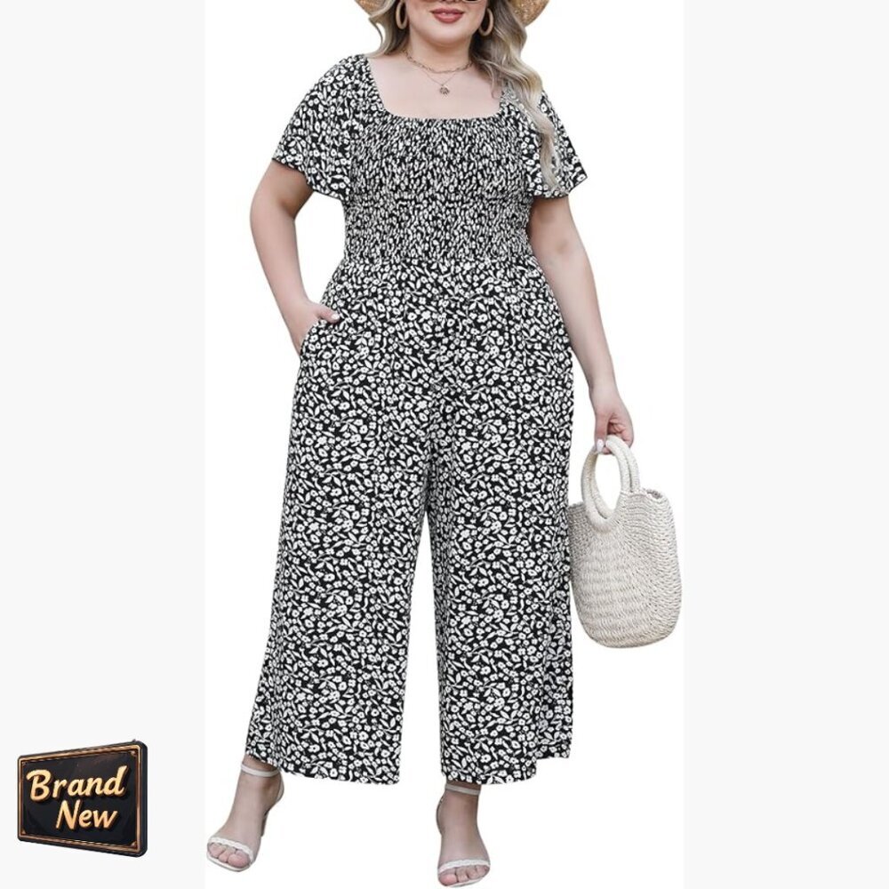 Plus Size Floral Jumpsuit with Ruffle Sleeves Smocked Waist Pockets